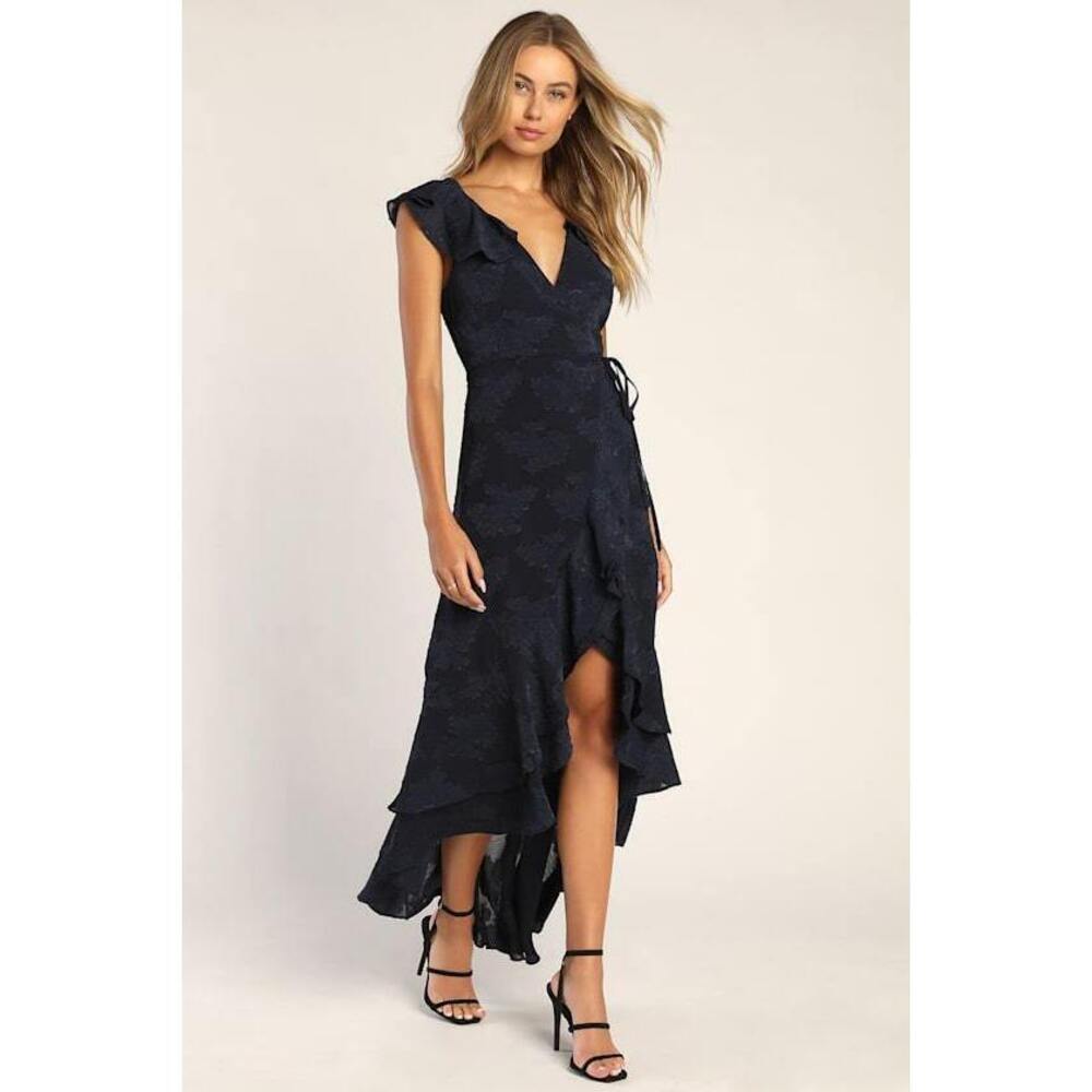 Lulus Adorable Aura Navy Blue Floral Burnout High Low Wrap Dress - Size L